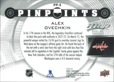 Alex Ovechkin 2022-23 Upper Deck MVP Pinpoints hockey card for collectors