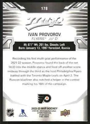 Back of 2022-23 Upper Deck MVP Silver Script 178 Ivan Provorov Hockey Card