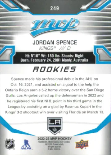 Hockey card back of 2022-23 Upper Deck MVP Jordan Spence SP Rookie Los Angeles Kings Card