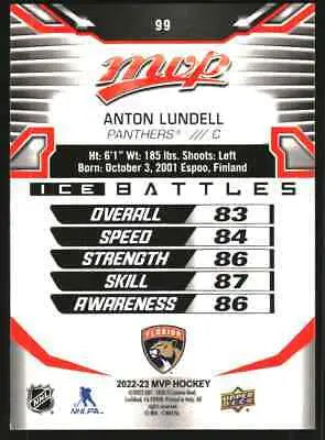 Anton Lundell hockey card from 2022-23 Upper Deck MVP Ice Battles #99 Florida Panthers