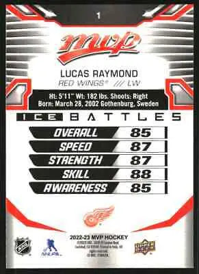 Back of 2022-23 Upper Deck MVP Ice Battles #1 Lucas Raymond Detroit Red Wings Card