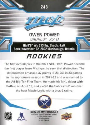 Hockey card back of 2022-23 Upper Deck MVP Owen Power Rookie Buffalo Sabres