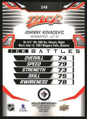 Johnny Kovacevic hockey card from 2022-23 Upper Deck MVP Ice Battles #240 Winnipeg Jets