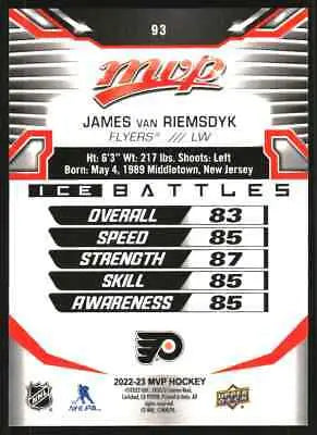 Back view of 2022-23 Upper Deck MVP Ice Battles #93 James van Riemsdyk Flyers card