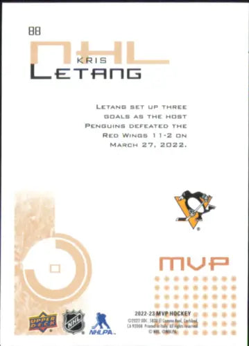 Kris Letang 2022-23 Upper Deck MVP hockey card for Penguins collectors and fans