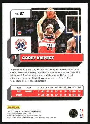 Corey Kispert basketball card from 2022-23 Donruss Holo Green Laser #87 Washington Wizards