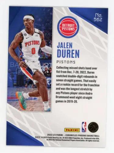 Jalen Duren basketball card from 2022-23 Panini Chronicles #562, Detroit Pistons