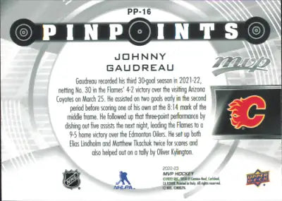 Johnny Gaudreau 2022-23 Upper Deck MVP Pinpoints hockey card for Calgary Flames