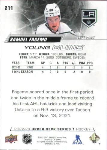 Samuel Fagemo hockey card from Upper Deck, Los Angeles Kings, Young Guns Rookie