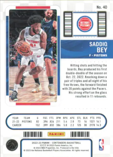 Saddiq Bey Detroit Pistons 2022-23 Panini Contenders Game Ticket Green Basketball Card