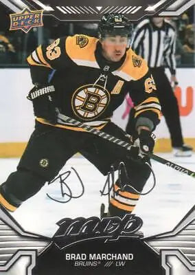 Brad Marchand hockey card from 2022-23 Upper Deck MVP Silver Script #214 Boston Bruins