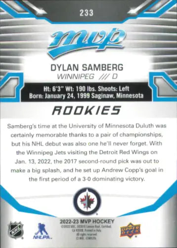 Dylan Samberg rookie hockey card from 2022-23 Upper Deck MVP #233 Winnipeg Jets