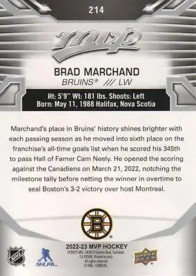 Hockey card back of 2022-23 Upper Deck MVP Brad Marchand SP Boston Bruins NM-MT