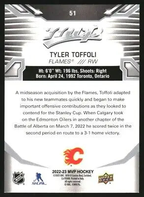 Hockey card back of 2022-23 Upper Deck MVP Tyler Toffoli Calgary Flames NM-MT