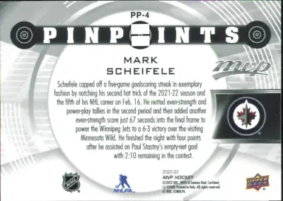 Hockey card back of 2022-23 Upper Deck MVP Pinpoints Mark Scheifele Winnipeg Jets