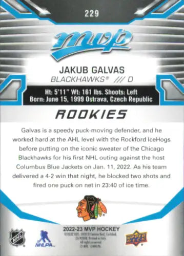 Back view of 2022-23 Upper Deck MVP #229 Jakub Galvas SP Rookie Chicago Blackhawks Card