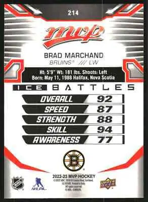 Brad Marchand hockey card from 2022-23 Upper Deck MVP Ice Battles SP Boston Bruins