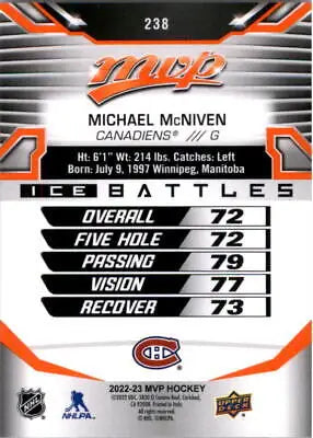 Hockey card back of 2022-23 Upper Deck MVP Ice Battles #238 Michael McNiven Canadiens