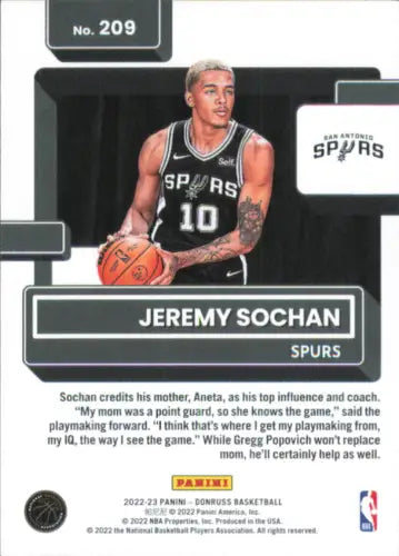 Jeremy Sochan Rookie card from the 2022-23 Donruss San Antonio Spurs collection