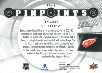 Hockey card back of 2022-23 Upper Deck MVP Pinpoints Gold Tyler Bertuzzi Red Wings