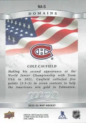 Hockey card of Cole Caufield from Upper Deck MVP Domains Montreal Canadiens NM-MT