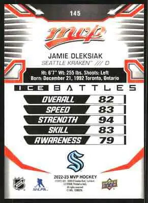 Hockey card back of 2022-23 Upper Deck MVP Ice Battles Jamie Oleksiak Seattle Kraken