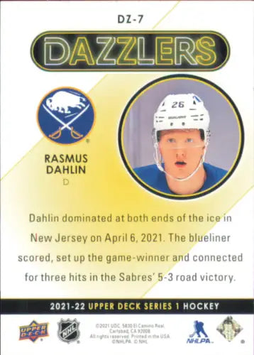 Rasmus Dahlin hockey card from 2022-23 Upper Deck Dazzlers Orange collection