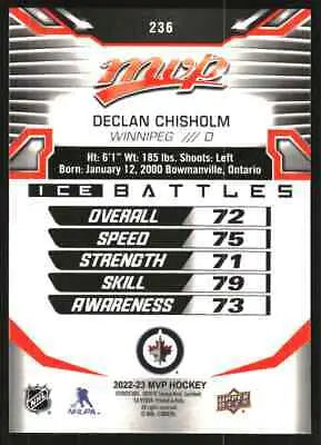 Hockey card back of 2022-23 Upper Deck MVP Ice Battles Declan Chisholm Winnipeg Jets