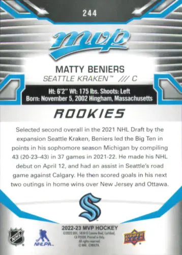 Matty Beniers hockey card from 2022-23 Upper Deck MVP Seattle Kraken Rookie set