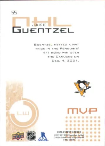 Hockey card back of 2022-23 Upper Deck MVP Jake Guentzel for Penguins collectible