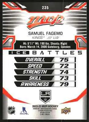 Hockey card back of 2022-23 Upper Deck MVP Ice Battles #235 Samuel Fagemo Los Angeles Kings