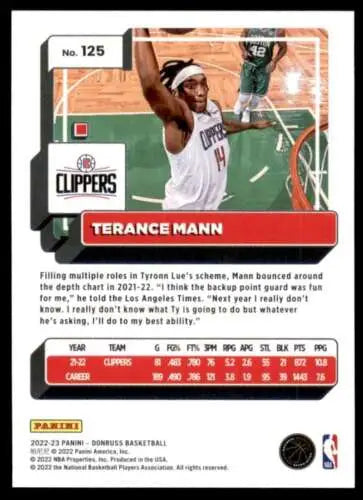 2022-23 Donruss #125 Terance Mann NM-MT Clippers original gloss card from Simply Sandoval