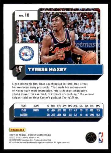 2022-23 Donruss Tyrese Maxey basketball card with original gloss, simply Sandoval ID:57098