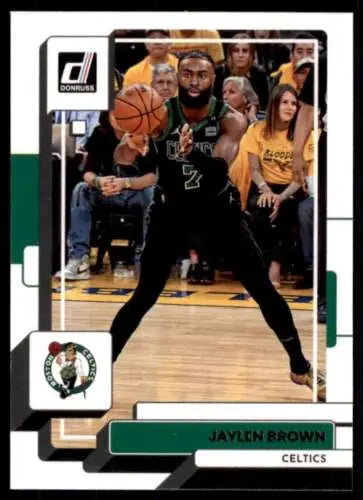 Basketball trading card of Jaylen Brown in a black Celtics uniform with original gloss