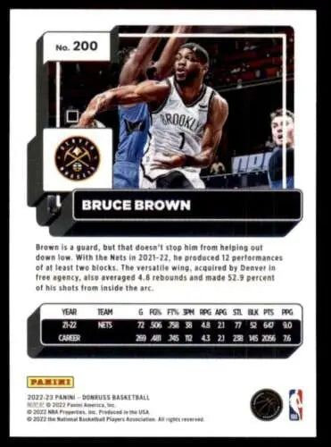 Basketball trading card of Bruce Brown in white jersey driving, original gloss finish