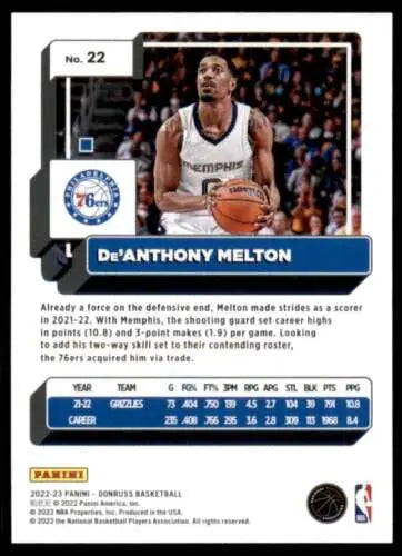 Basketball trading card of De’Anthony Melton in 76ers white jersey, original gloss