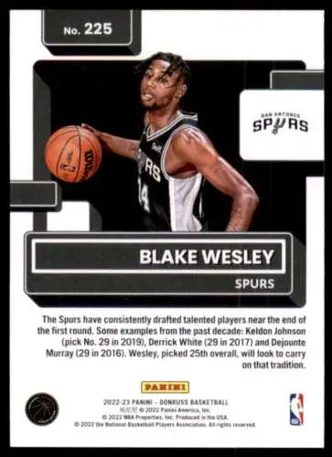 Blake Wesley basketball card featuring original gloss, Rated Rookie for Spurs