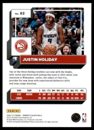 Justin Holiday basketball card 2022-23 Donruss #62 original gloss Hawks Simply Sandoval