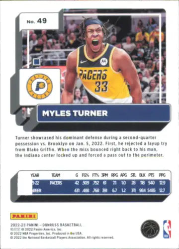 2022-23 Donruss Holo Red and Gold Laser Myles Turner Basketball Card Indiana Pacers