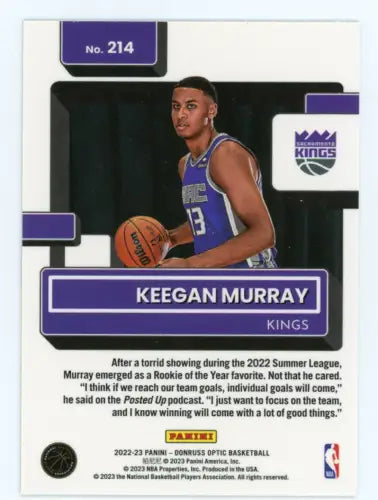 2022-23 Donruss Optic Keegan Murray Rookie Card Sacramento Kings NM-MT Condition