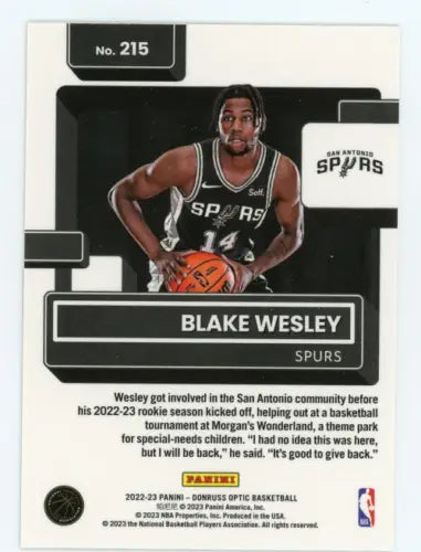 Blake Wesley Donruss Optic Rookie San Antonio Spurs basketball card in NM-MT condition