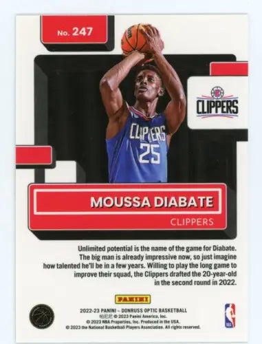 Basketball card of Moussa Diabate from Donruss Optic, Los Angeles Clippers Rookie