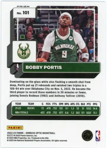 Bobby Portis basketball card 2022-23 Donruss Optic Holo #101 Milwaukee Bucks NM-MT