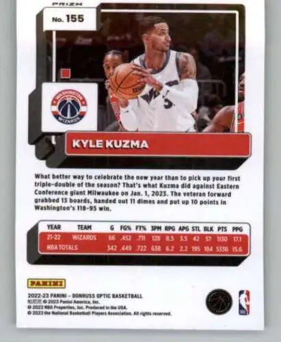 Kyle Kuzma basketball card from 2022-23 Donruss Optic Hyper Pink featuring original gloss