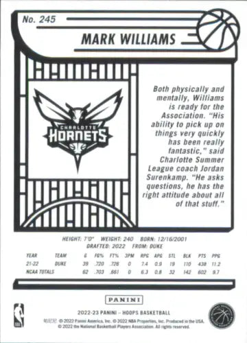 Mark Williams Rookie Charlotte Hornets Basketball Card from 2022-23 Hoops #245 NM-MT