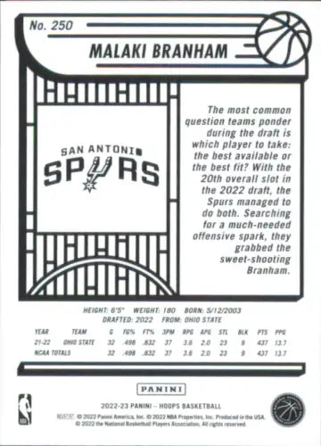 Malaki Branham Rookie San Antonio Spurs Basketball Card 2022-23 Hoops #250 NM-MT