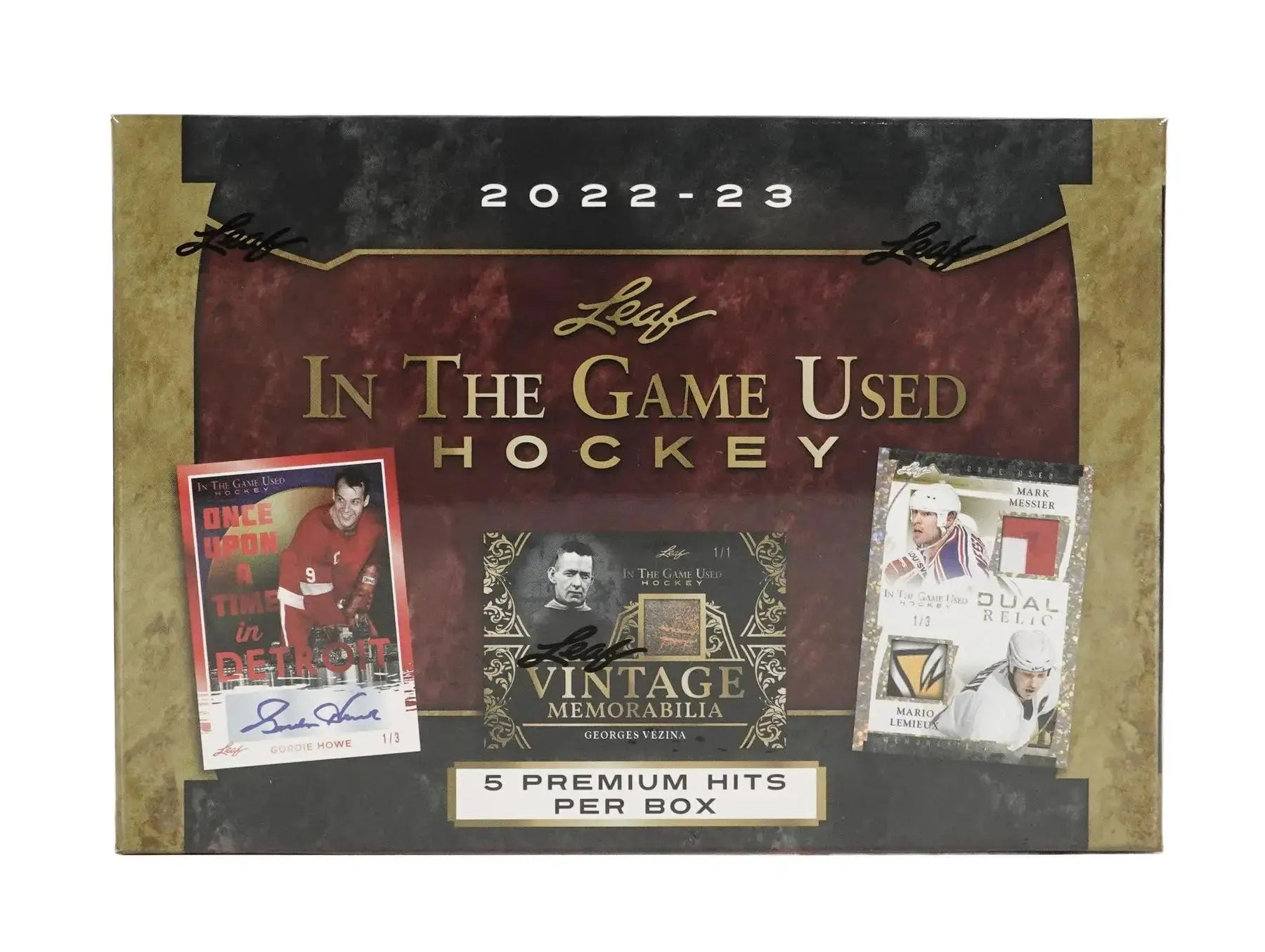 2022-23 Leaf In The Game Used Hockey Hobby Box with memorabilia card featuring vintage hits