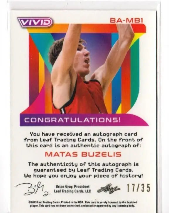 Basketball trading card featuring Leaf Vivid Auto Red design with congratulatory text