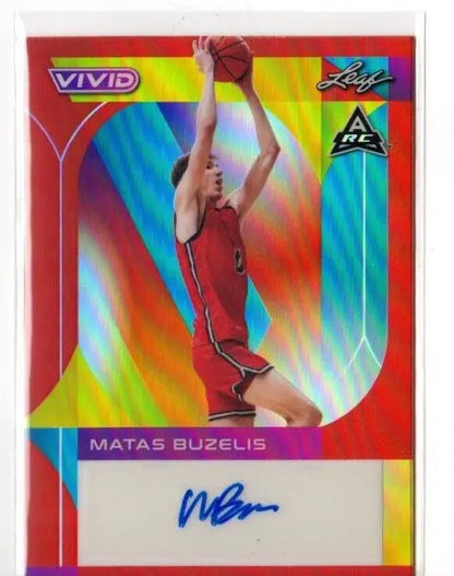 Holographic basketball trading card featuring Matas Buzelis in red uniform, Leaf Vivid Auto Red