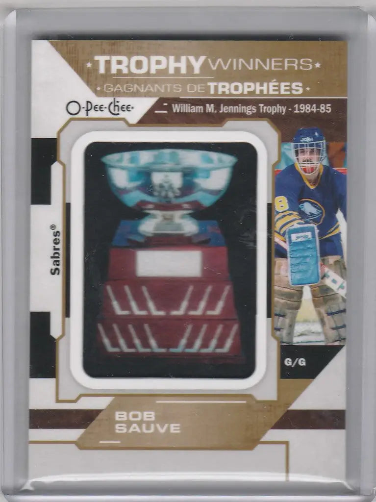 Hockey trading card featuring Bob Sauve Buffalo Sabres trophy and player photo